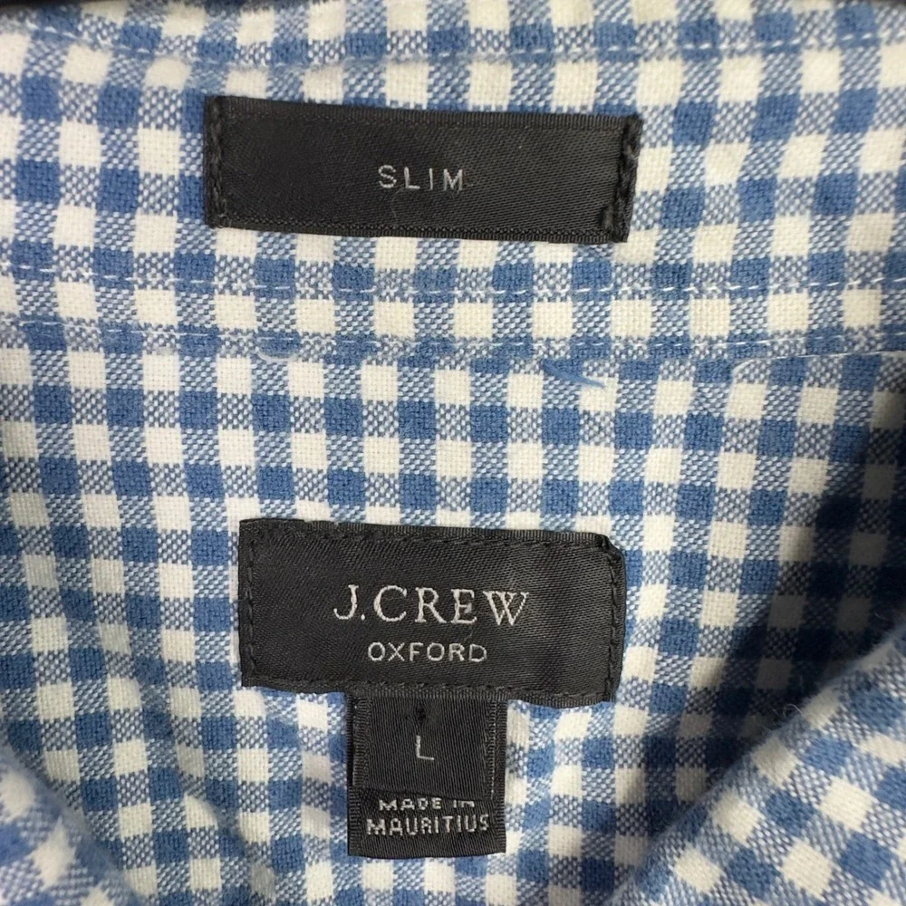 J. Crew Shirt Mens L Blue White Gingham Check Slim Fit Oxford‎ Preppy Office